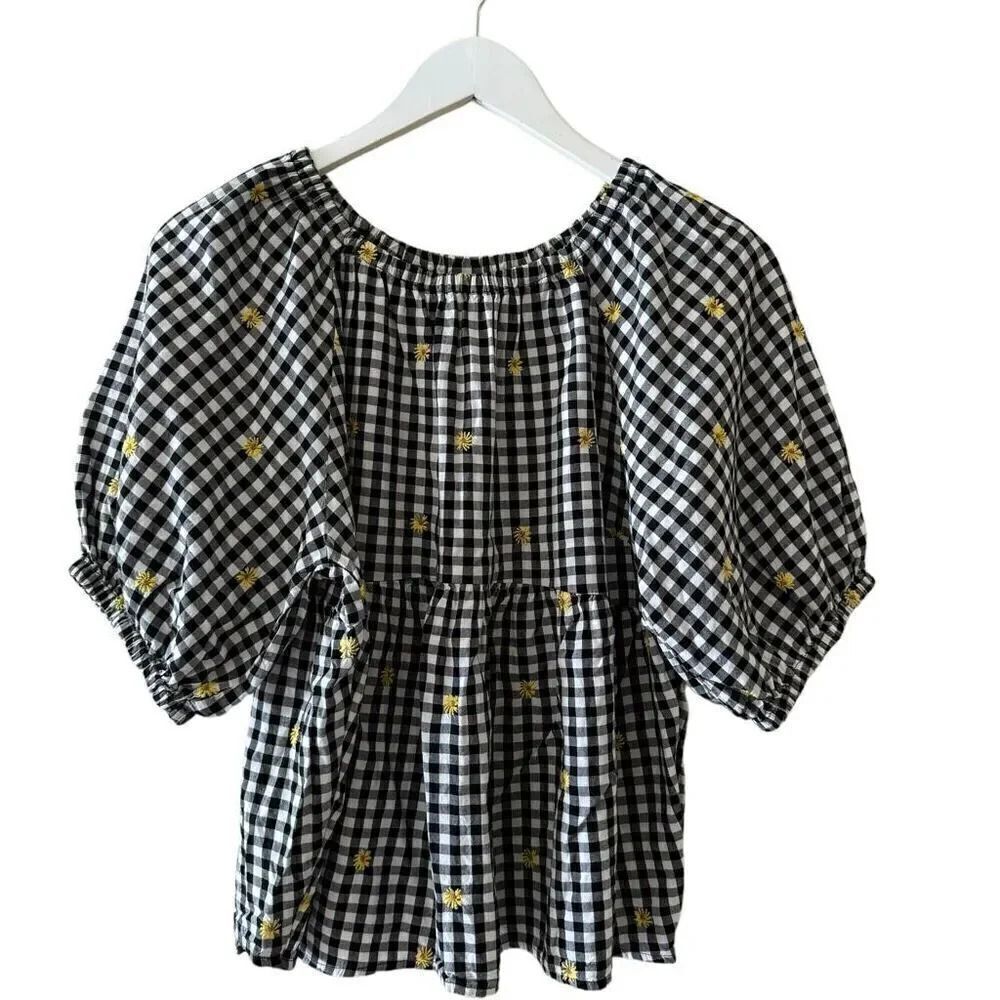 Old Navy puff sleeve black white sunflower embroidered gingham swing SZ M #2160